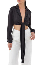 Black Silky Tie Front Shirt - Ashley 10