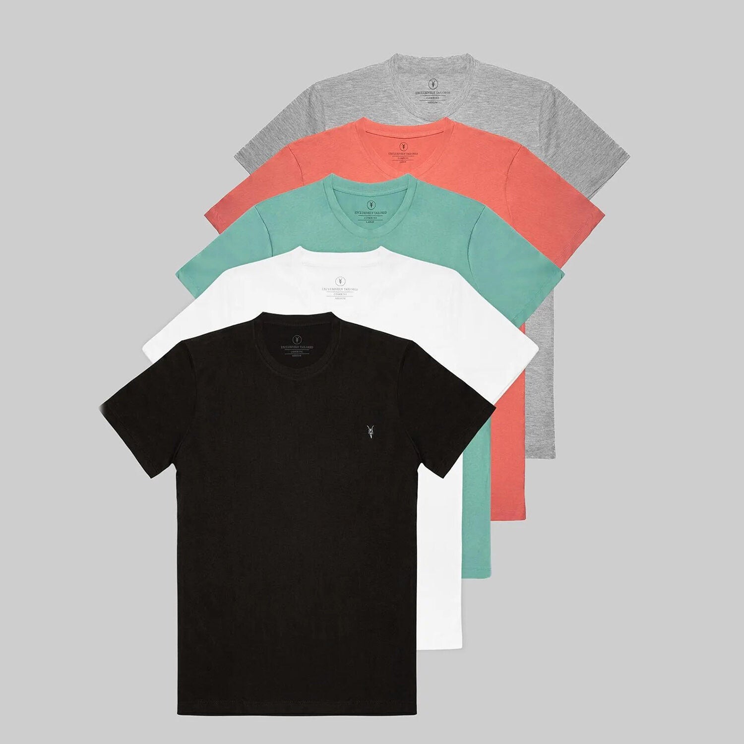 Set of 5 // Crewneck Regular Fit T-Shirts // Gray + Salmon + Turquoise + White + Black