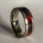 Damascus Steel Band // Crimson Red Opal, Meteorite Dust // 8mm Width