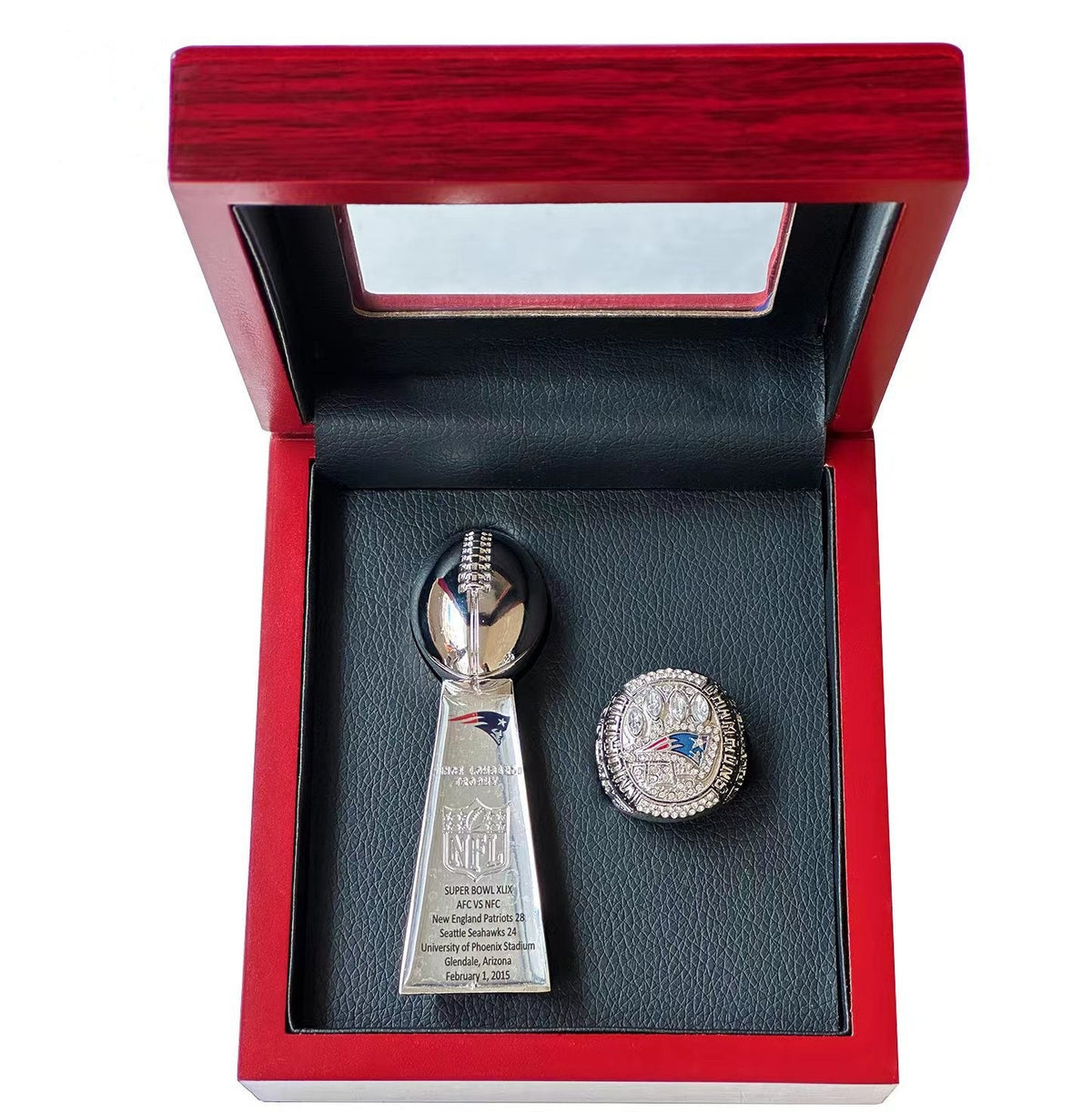 New England Patriots Super Bowl Championship Ring & Trophy Set– 2002, 2004, 2005, 2015, 2017 & 2019