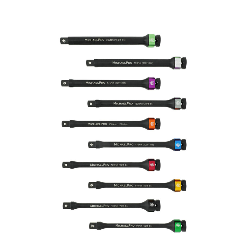 10-Piece 1/2-Inch Drive Torque Limiting Extension Bar 65 to 150 Ft-Lbs (90 to 200 Nm) 8-Inch Length