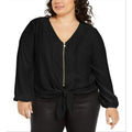 Women's Plus Size Pebble Crepe Tie Front Top - Black