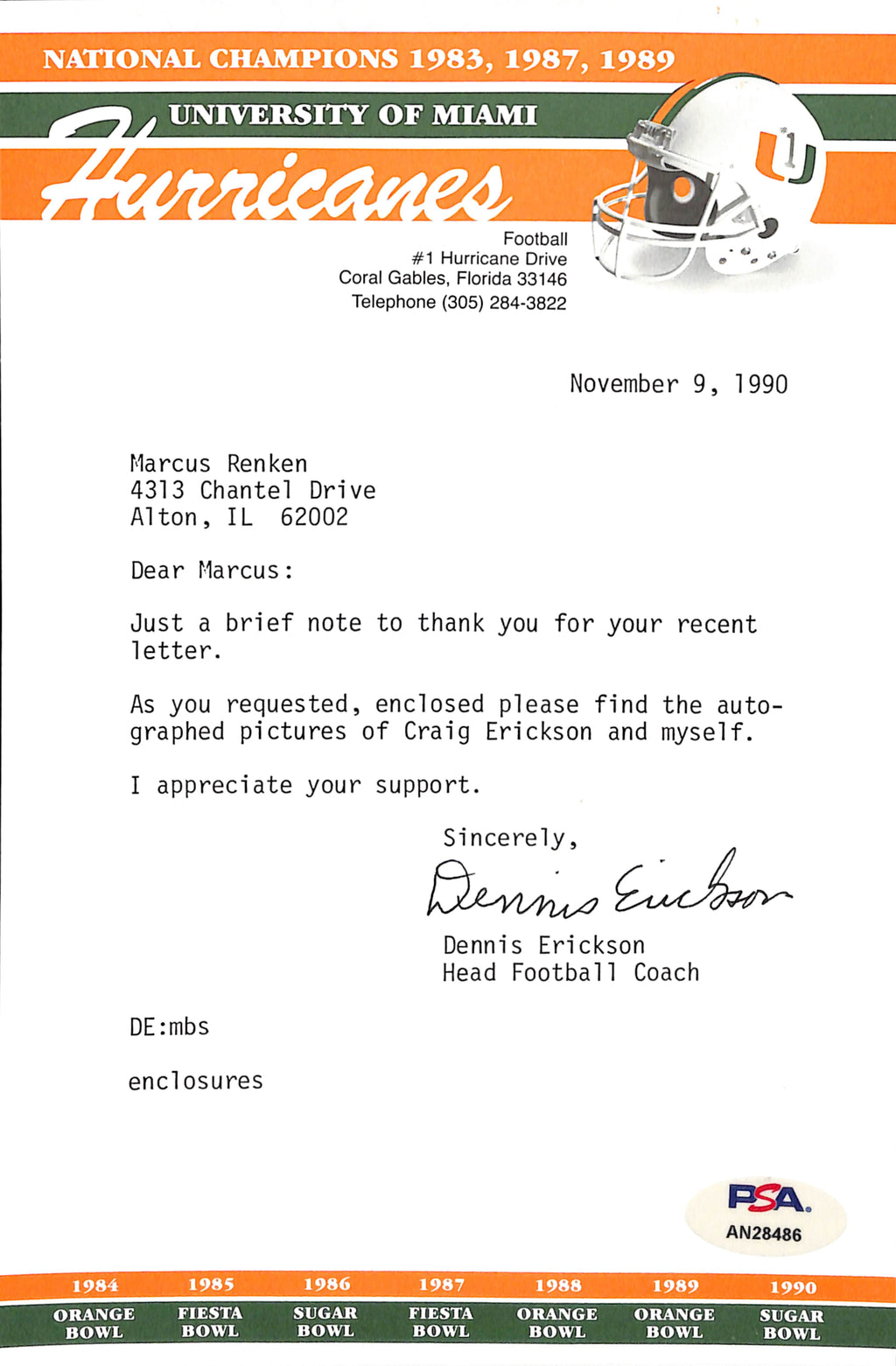 Dennis Erickson CFB HOF Signed TLS Letter University of Miami PSA/DNA 185111