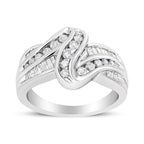 10K White Gold Ring 3/4 Cttw Round and Baguette-Cut Diamond Bypass Ring (H-I Color, I2-I3 Clarity) - Size 6