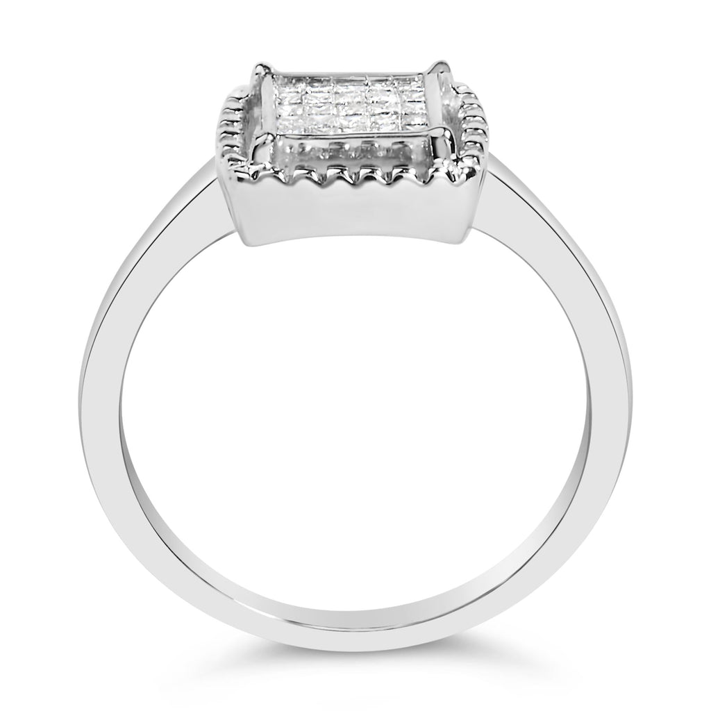 .925 Sterling Silver 1/5 Cttw Invisible Set Princess Cut Diamond Promise Ring with Beaded Halo (H-I Color, I1-I2 Clarity)