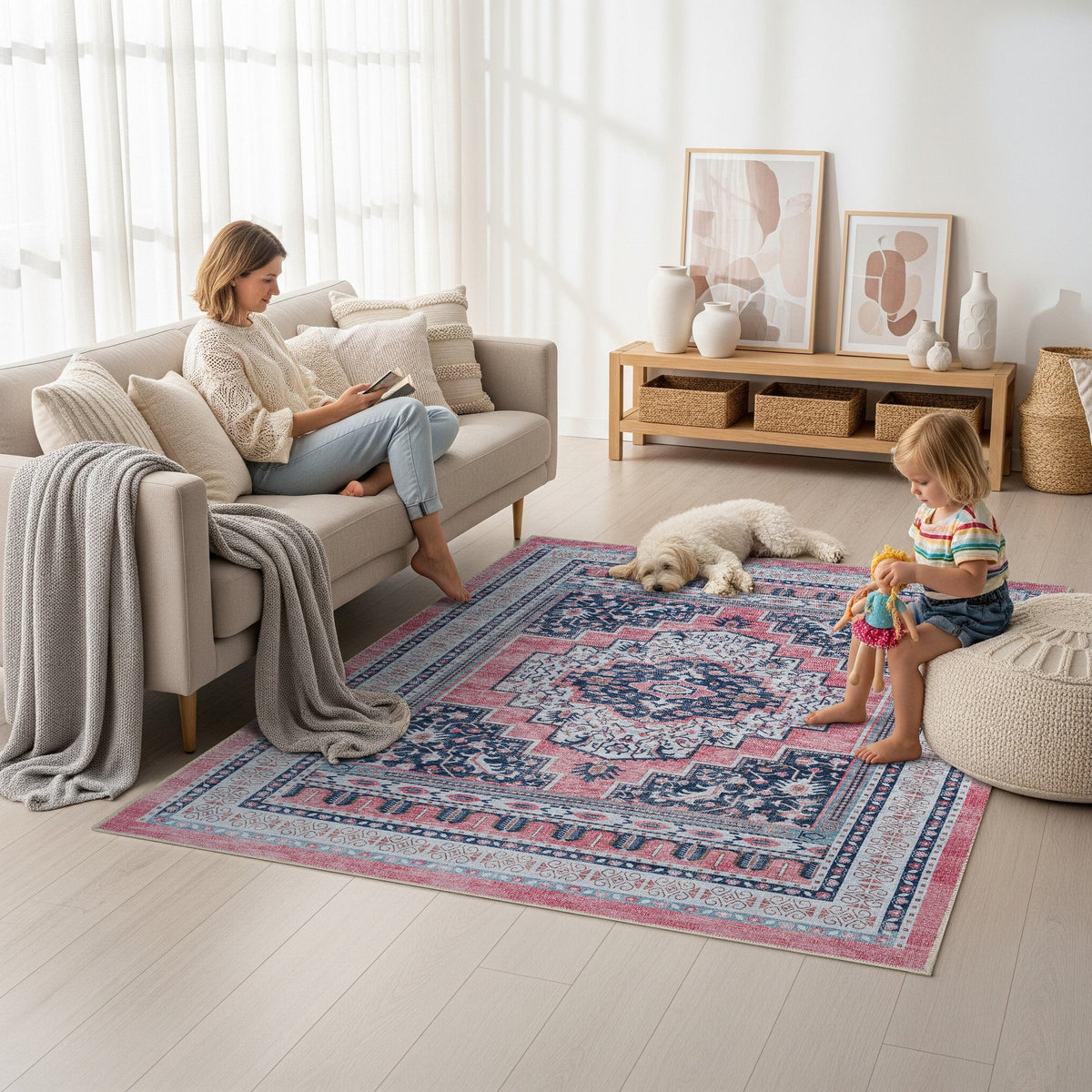 Paulina Pale Pink & Midnight Blue Persian Vintage Rug