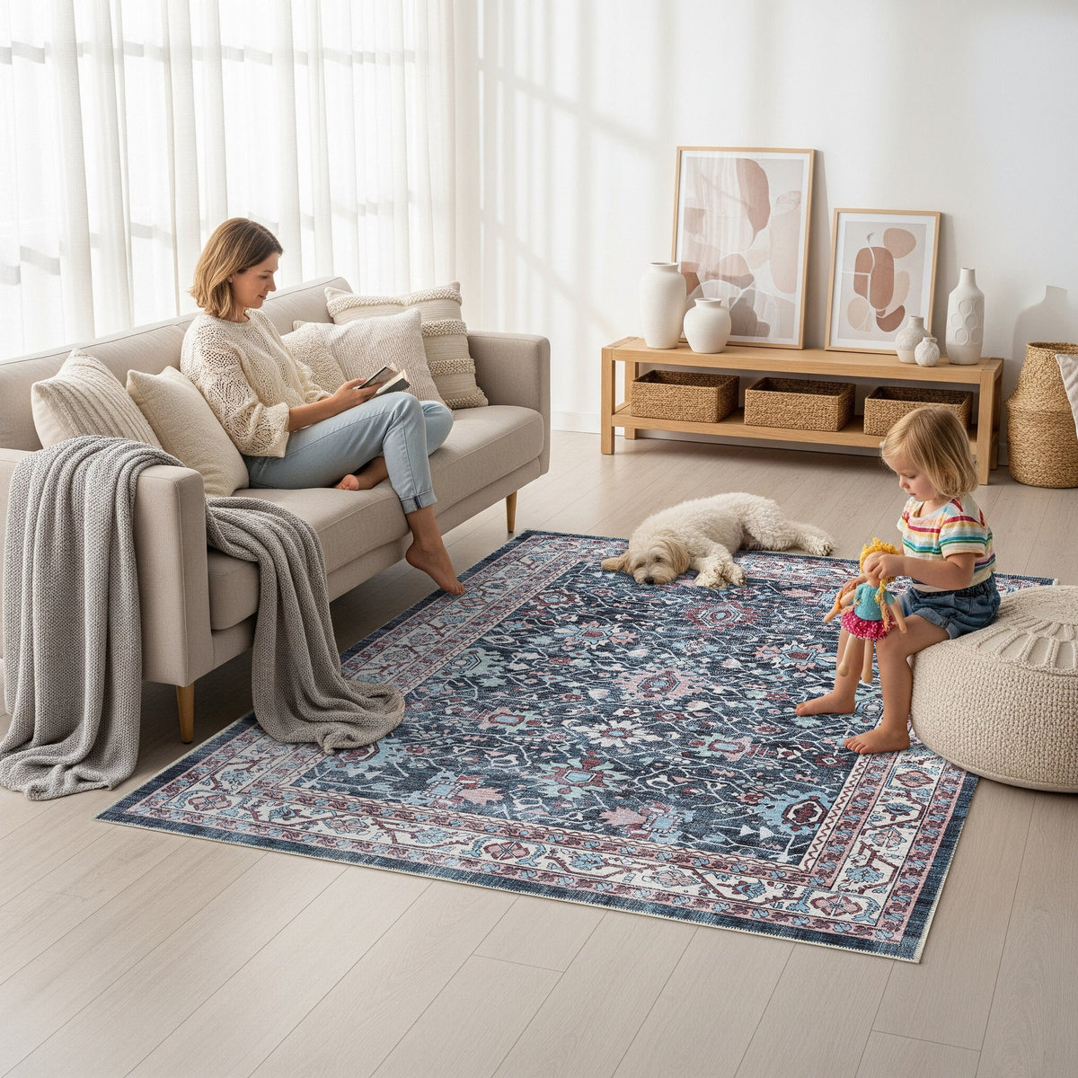 Axelle Blue Turkish Oushak Vintage Rug