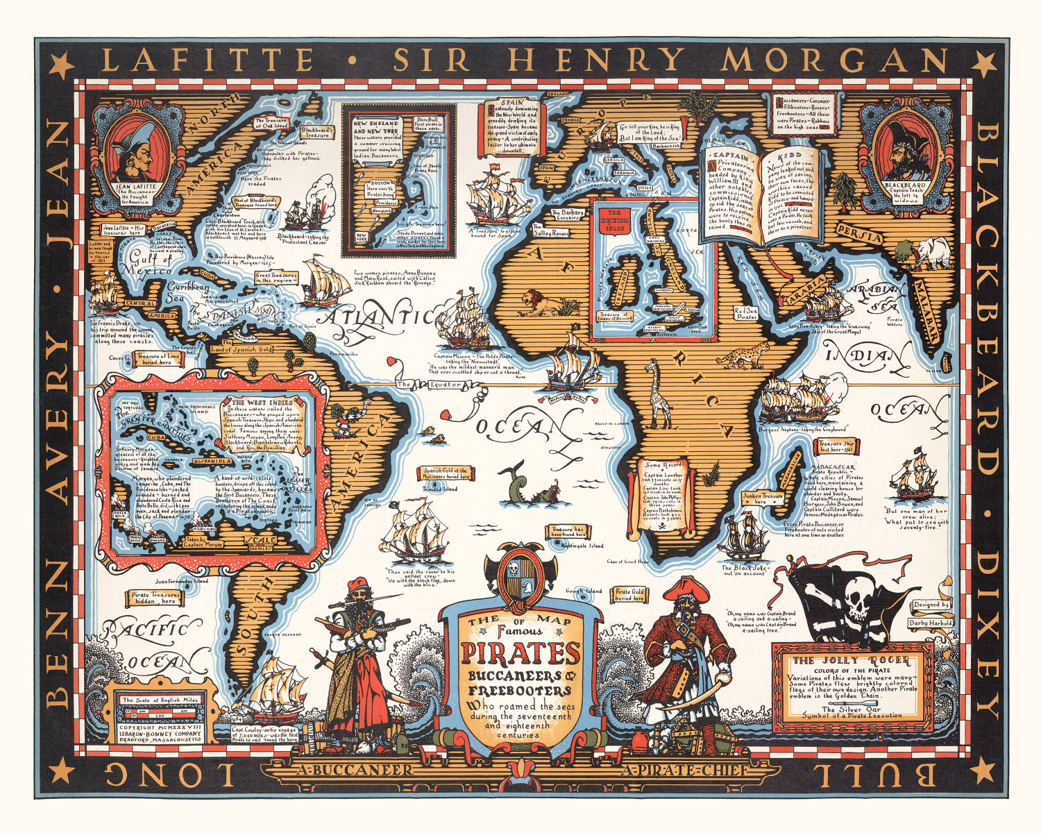 Vintage Map of Pirates & Buccaneers, 1938