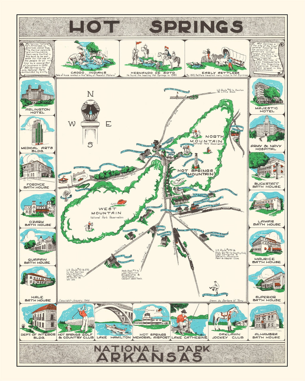 Vintage Map of Hot Springs National Park 1948