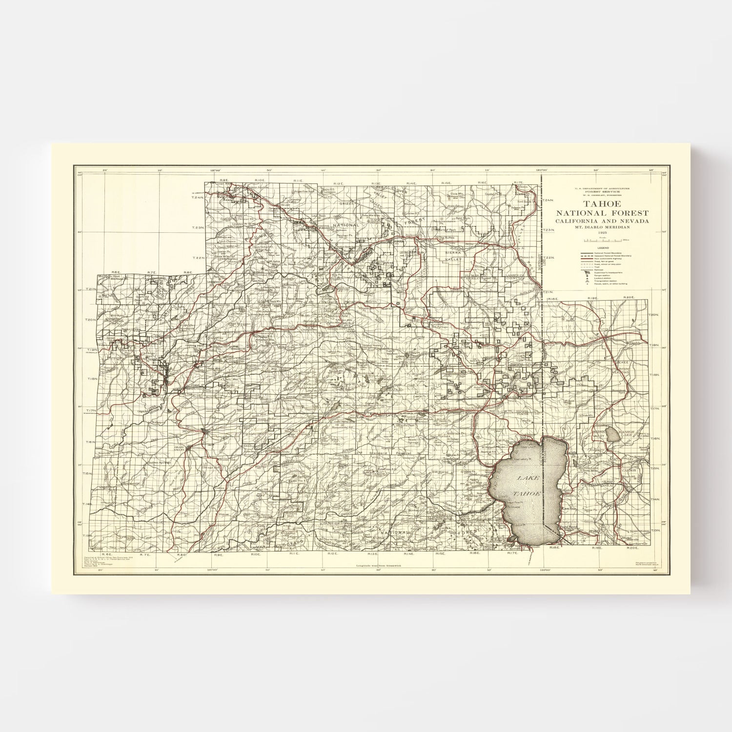 Vintage Map of Tahoe National Forest 1925