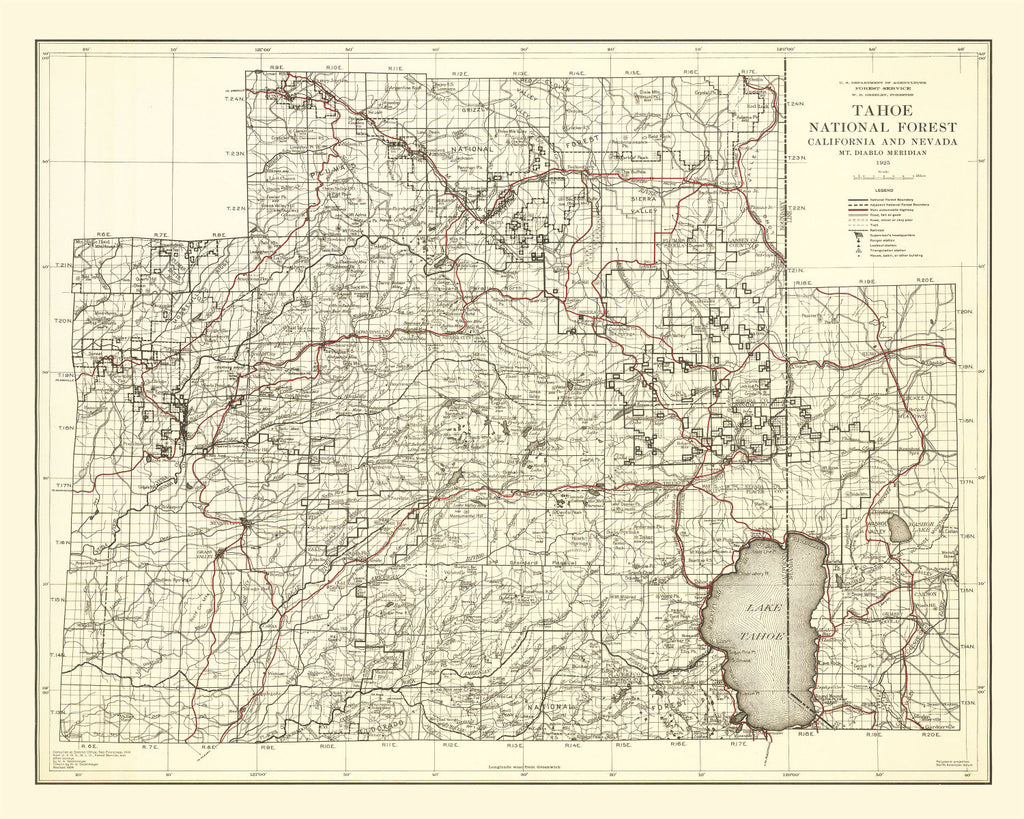 Vintage Map of Tahoe National Forest 1925