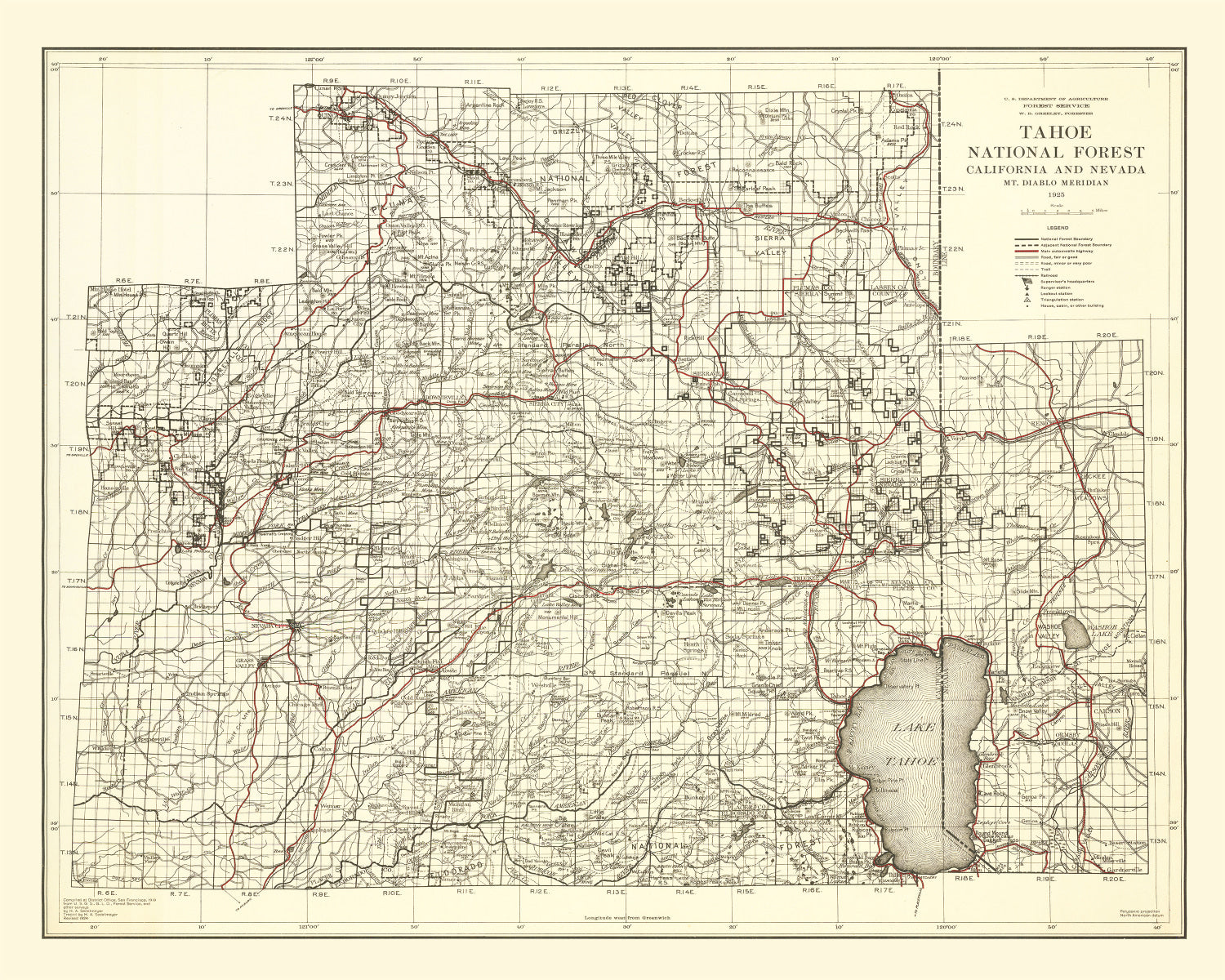 Vintage Map of Tahoe National Forest 1925