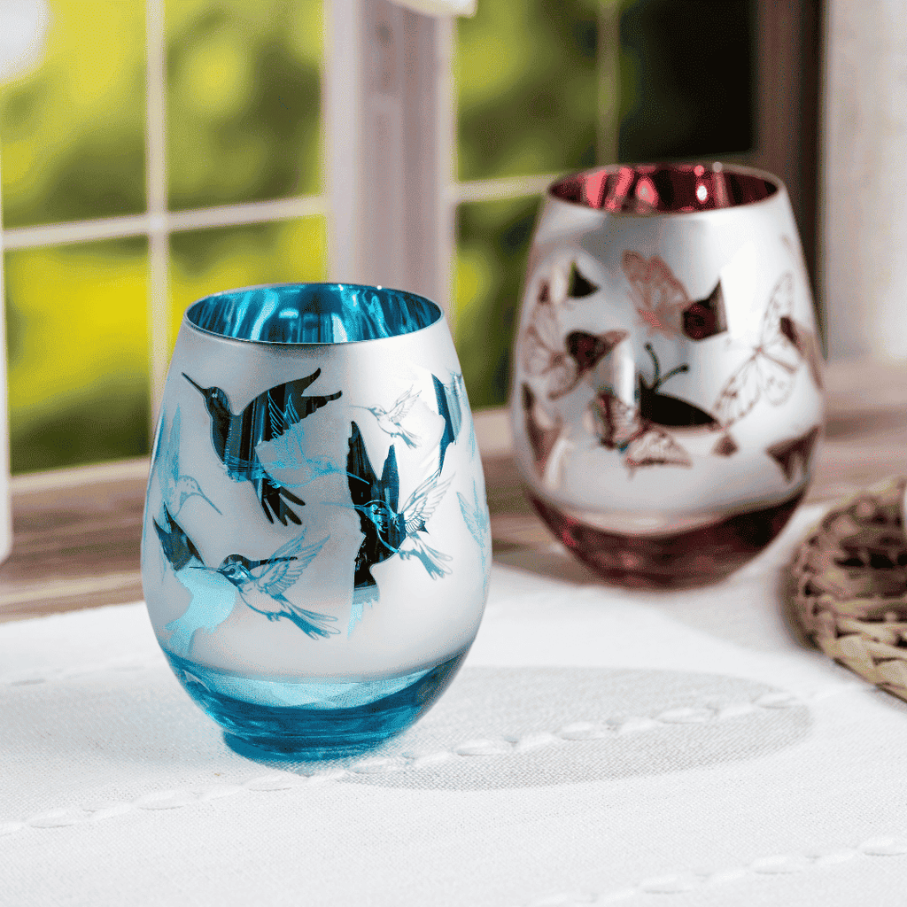Blue Hummingbird Stemless Wine Glasses