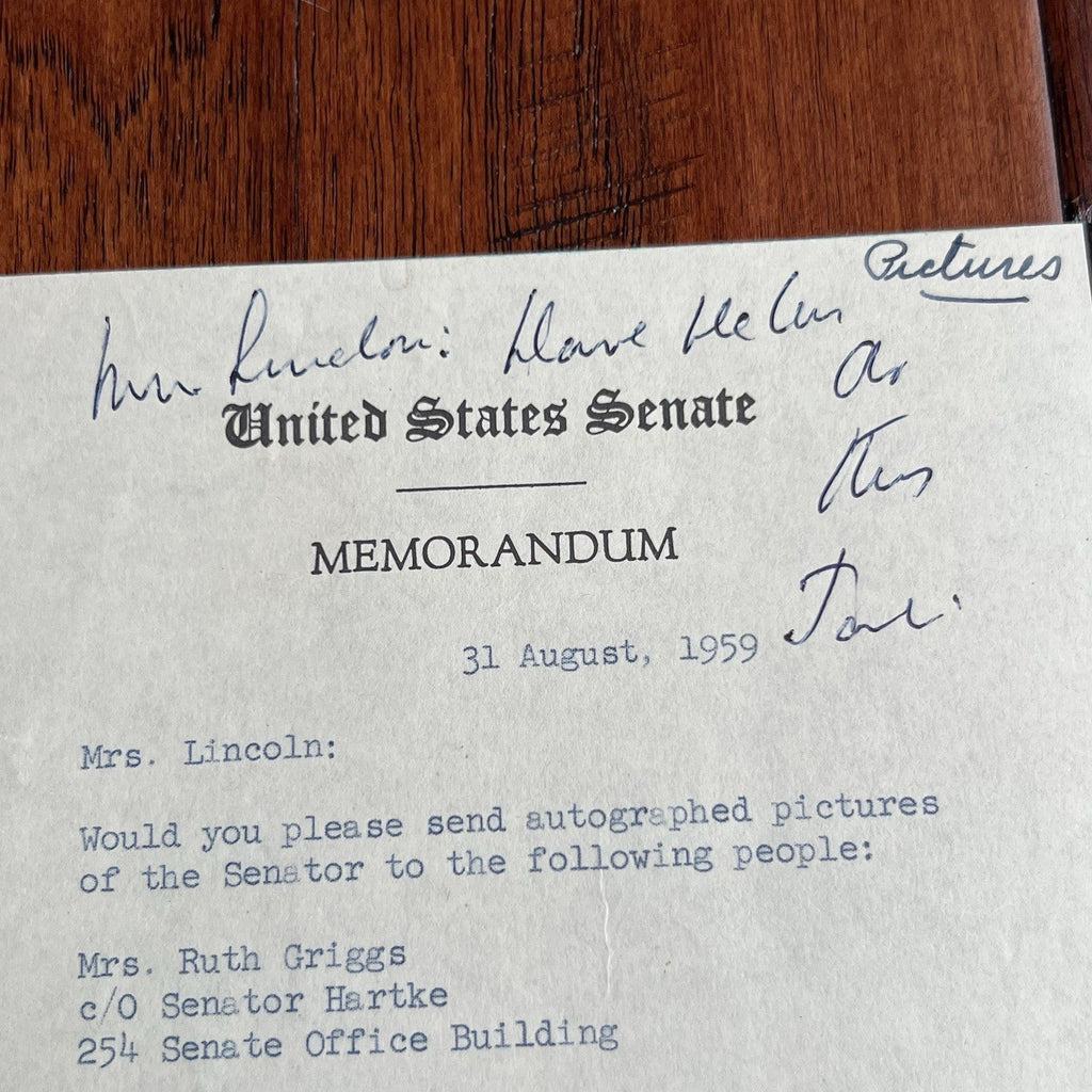 JOHN F. KENNEDY Senate Memorandum re: AUTOGRAPH PHOTOS Signed JACK * JSA