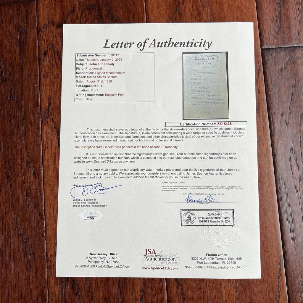 JOHN F. KENNEDY Senate Memorandum re: AUTOGRAPH PHOTOS Signed JACK * JSA