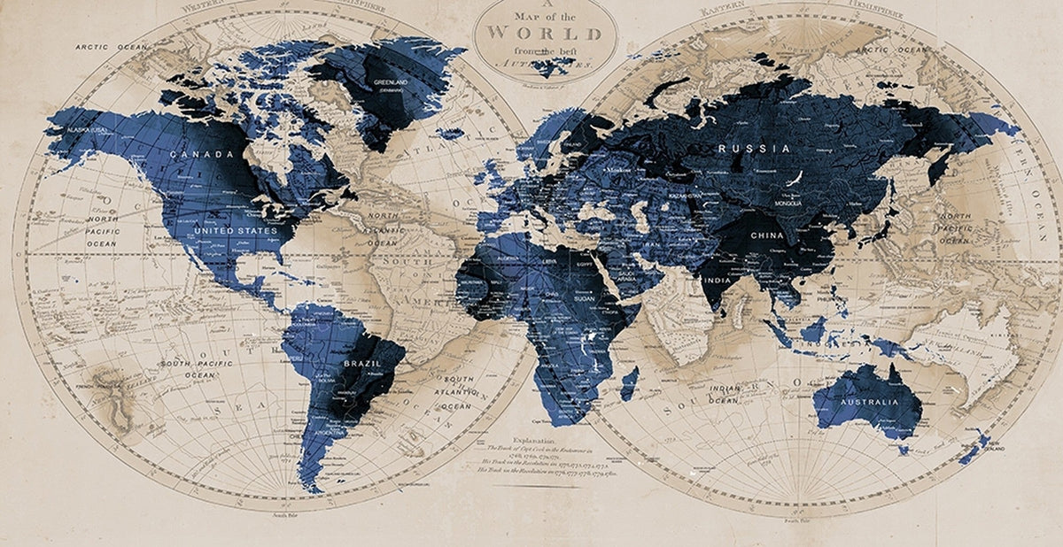Vintage Blue World Map Canvas Wall Art | Antique Style Framed Map Print