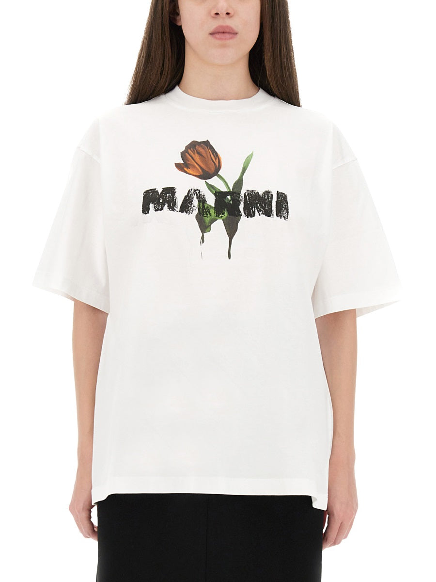 Marni Women White Cotton T-Shirt With Tulip Print