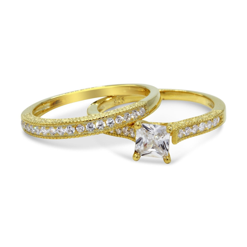 CZ 5mm Center Stone Sterling Silver Gold Plated Crossover Halo Wedding, Engagement Ring Set Size 8