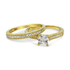 CZ 5mm Center Stone Sterling Silver Gold Plated Crossover Halo Wedding, Engagement Ring Set Size 8