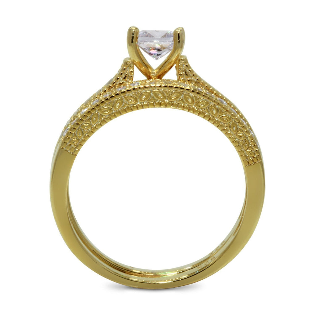 CZ 5mm Center Stone Sterling Silver Gold Plated Crossover Halo Wedding, Engagement Ring Set Size 8