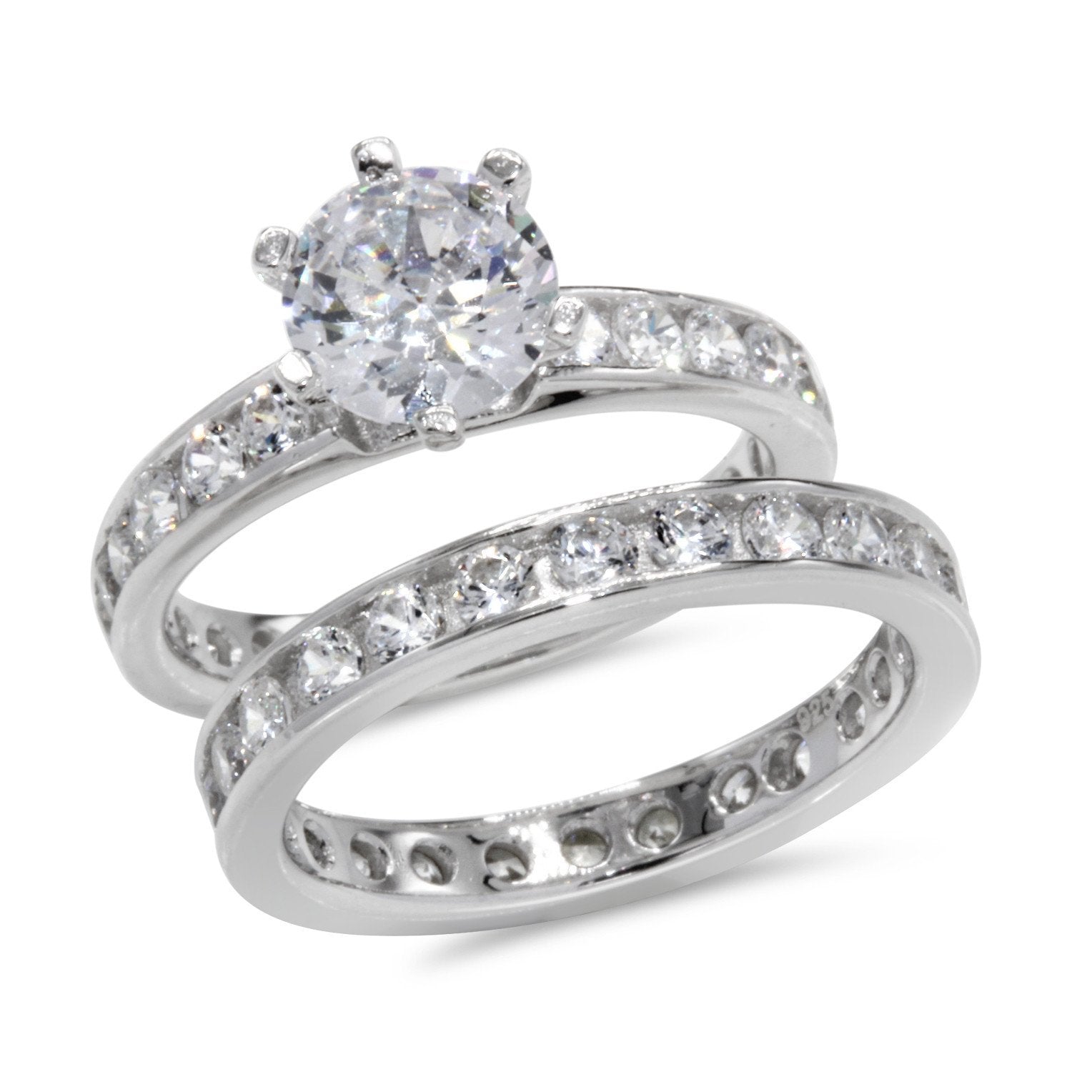 CZ 5mm Center Stone Sterling Silver Plated Crossover Halo Wedding, Engagement Ring Set