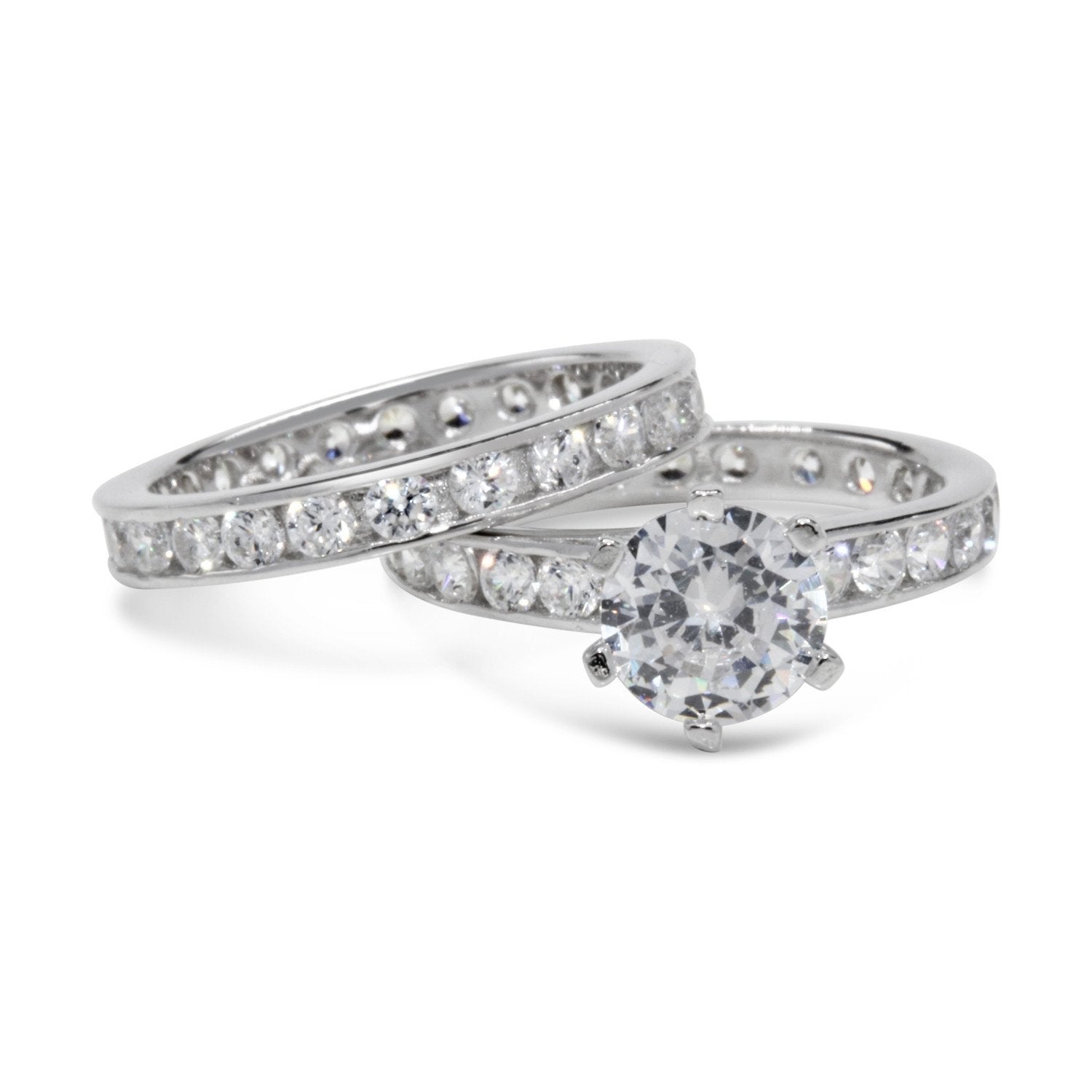 CZ 5mm Center Stone Sterling Silver Plated Crossover Halo Wedding, Engagement Ring Set