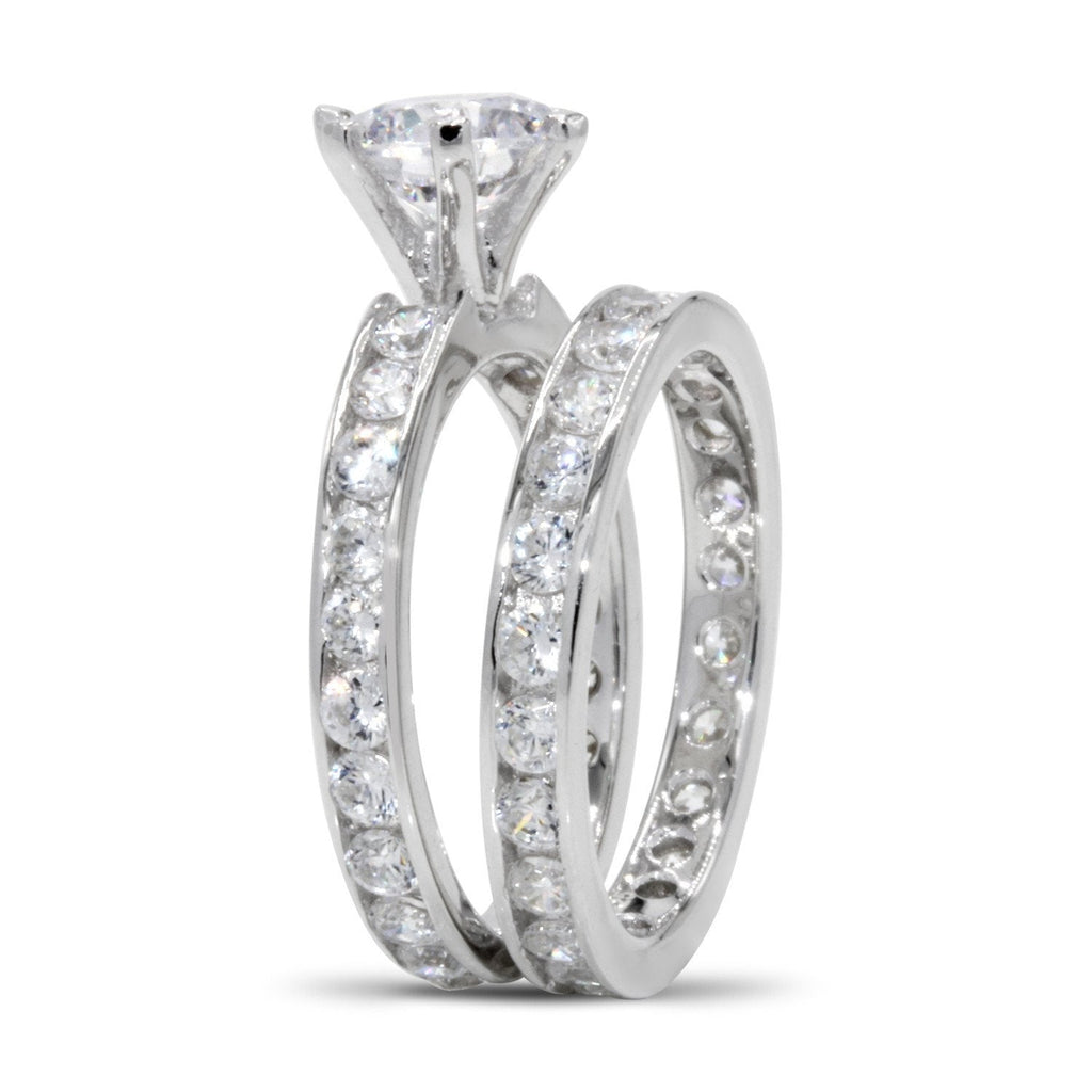 CZ 5mm Center Stone Sterling Silver Plated Crossover Halo Wedding, Engagement Ring Set