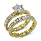 CZ 5mm Round Sterling Silver Gold Plated Crossover Halo Engagement Ring Set