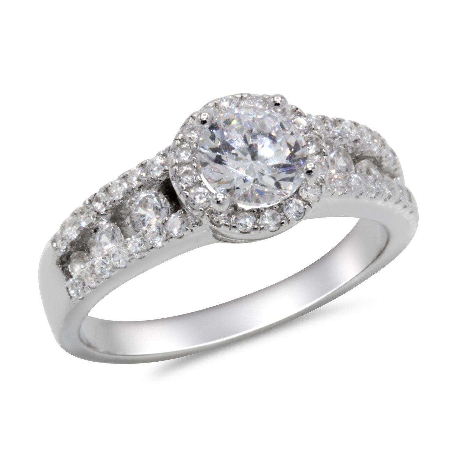 CZ 5mm Center Stone Sterling Silver Plated Crossover Halo Engagement Ring