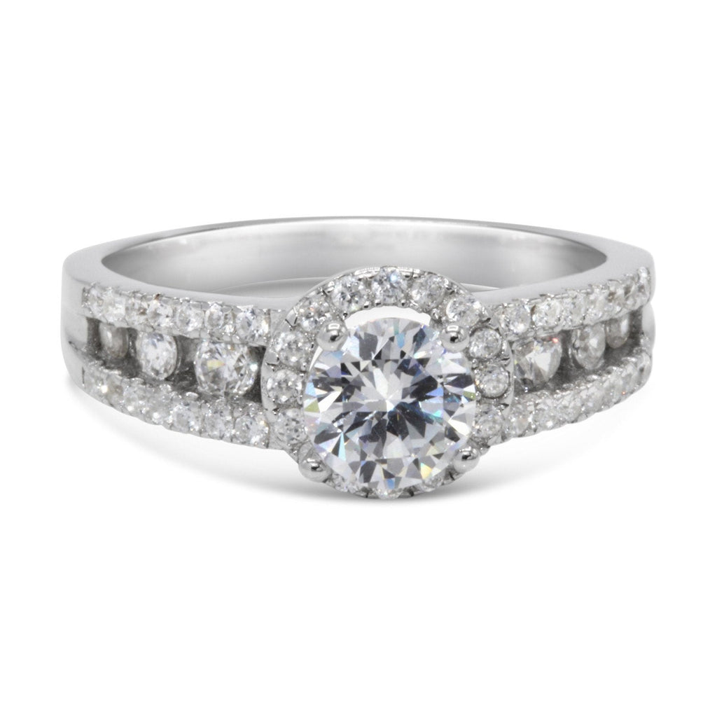 CZ 5mm Center Stone Sterling Silver Plated Crossover Halo Engagement Ring