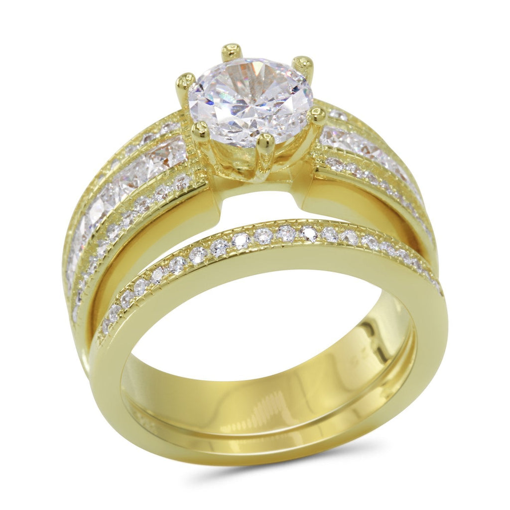 CZ 5mm Sterling Silver Gold Plated Halo Accents Antique Filigree Bridal Sets Elegant Gold Ring