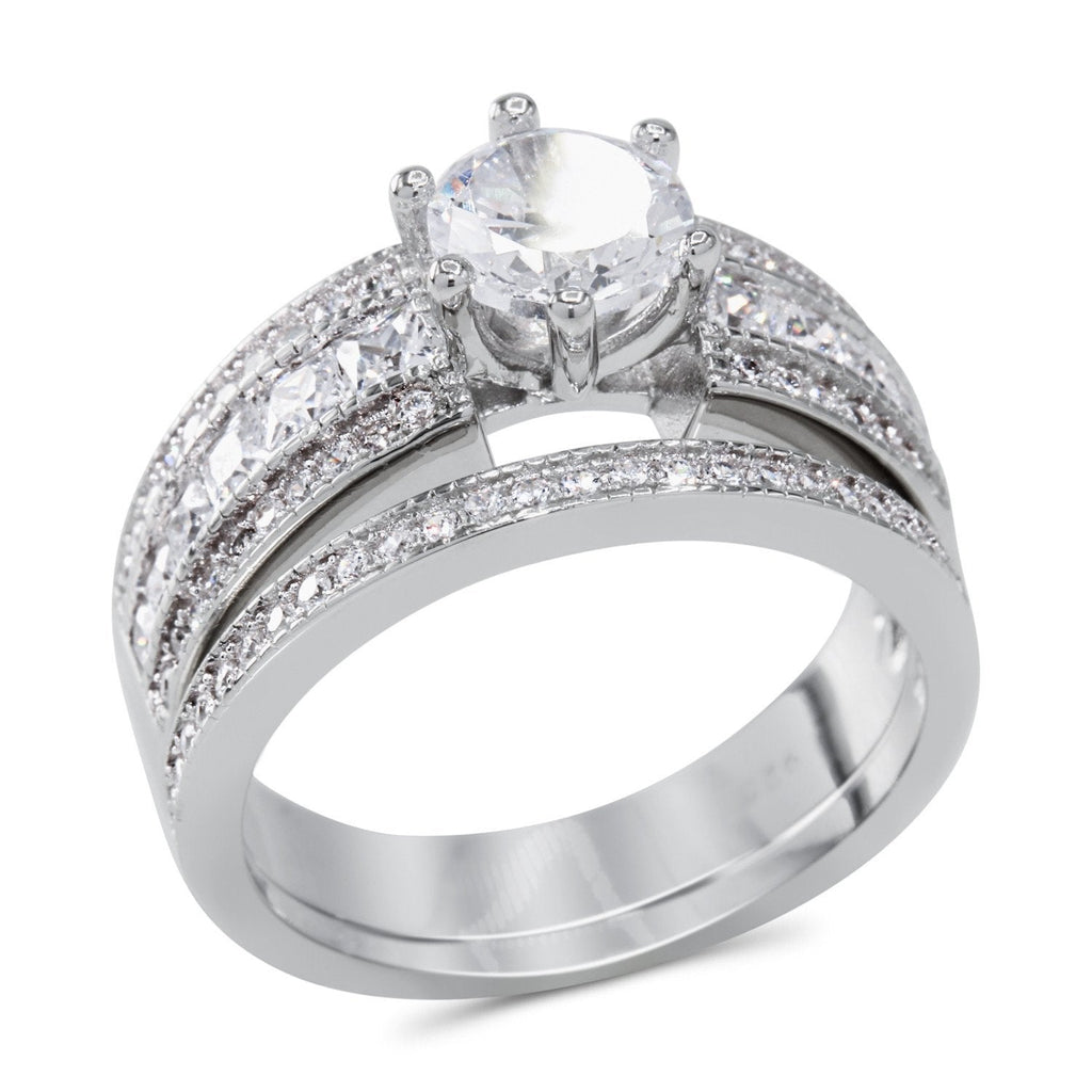CZ 5mm Sterling Silver Plated Halo Accents Antique Filigree Bridal Sets Elegant Ring