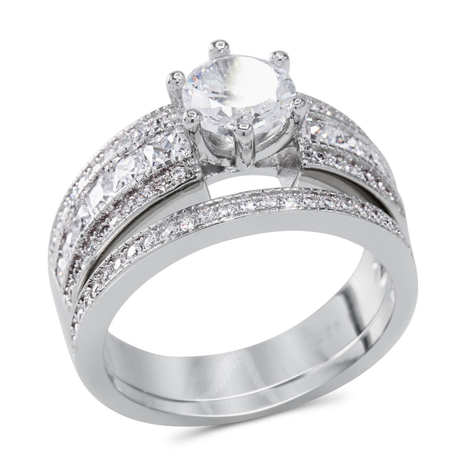 CZ 5mm Sterling Silver Plated Halo Accents Antique Filigree Bridal Sets Elegant Ring
