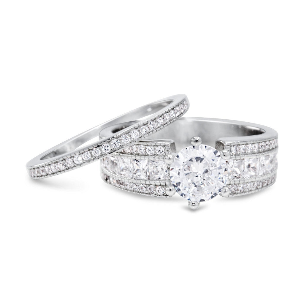 CZ 5mm Sterling Silver Plated Halo Accents Antique Filigree Bridal Sets Elegant Ring