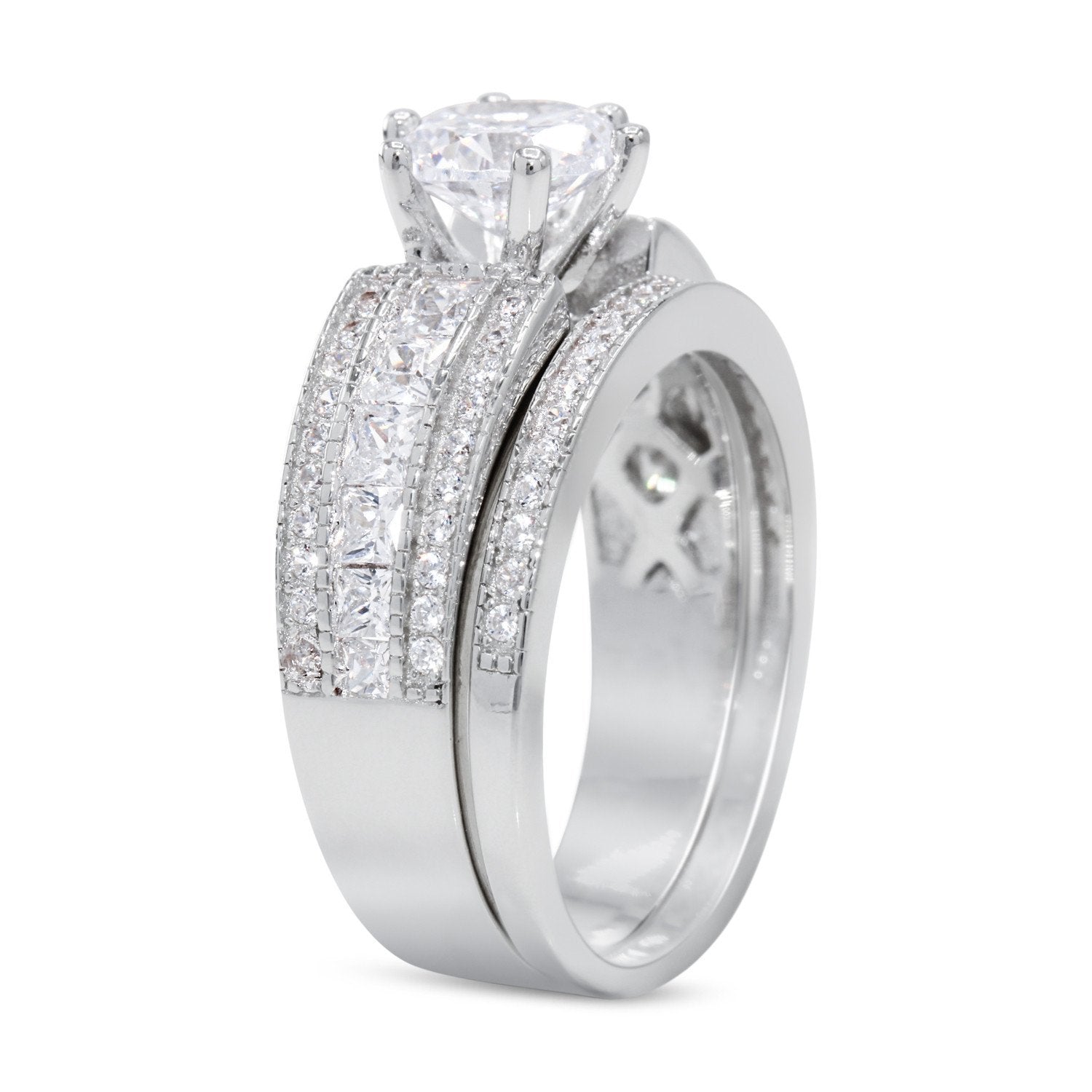 CZ 5mm Sterling Silver Plated Halo Accents Antique Filigree Bridal Sets Elegant Ring