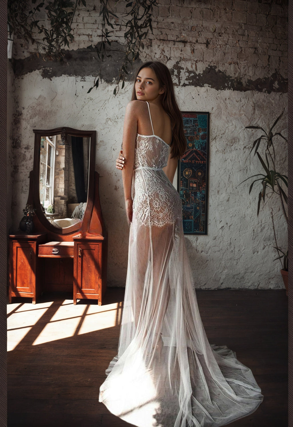 Ethereal Lace Sheer Long Robe with Flowing Train – Elegant Bridal Boudoir Gown