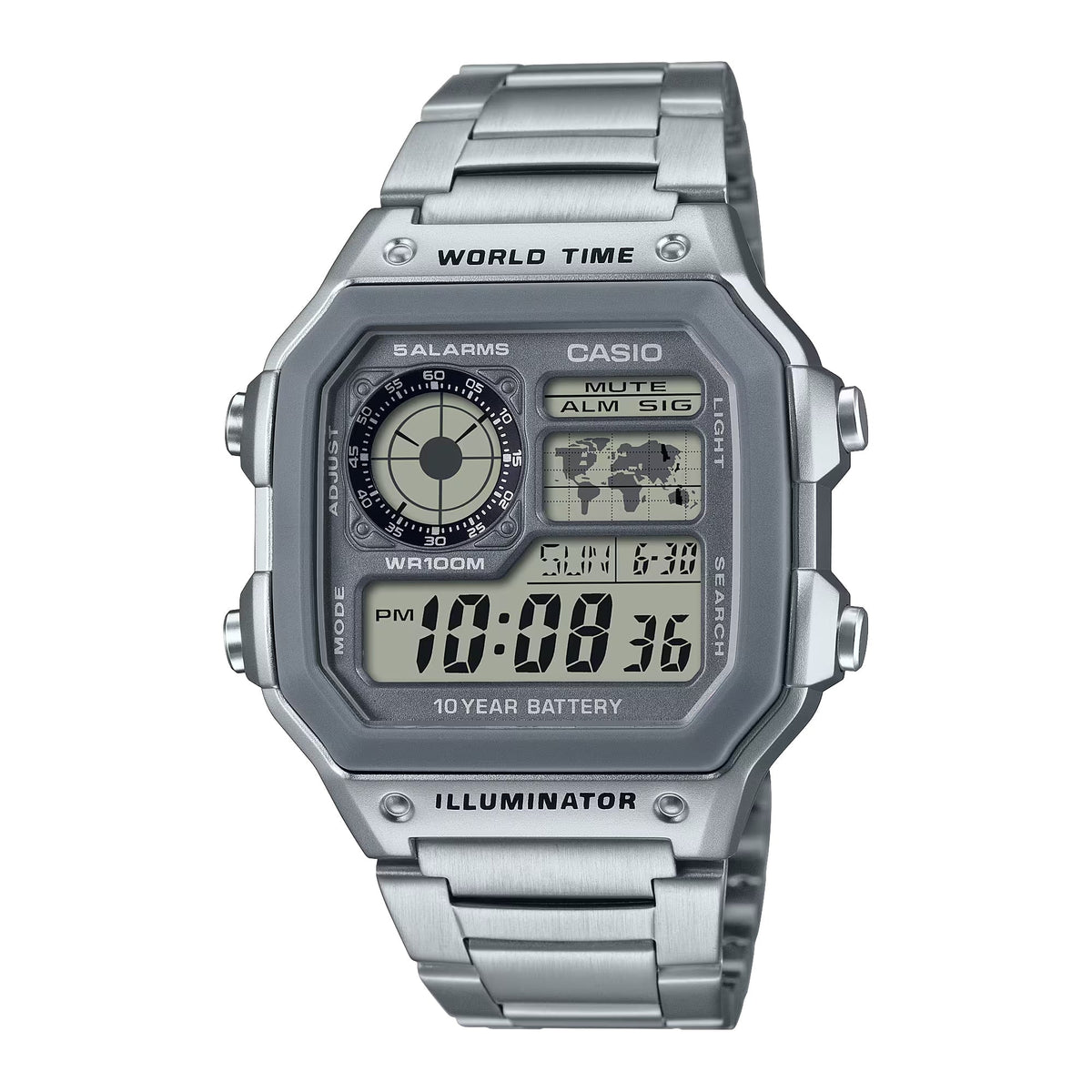 Casio Men's Multi-Function Digital World Time Watch with Stainless Steel Band - AE-1200WHD-7A