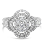 14K White Gold 1.0 Cttw Round & Baguette Cut Diamond Floral Cluster Quatrefoil Channel Set Band Cocktail Statement Ring (H-I Color, SI2-I1 Clarity) - Size 6-3/4