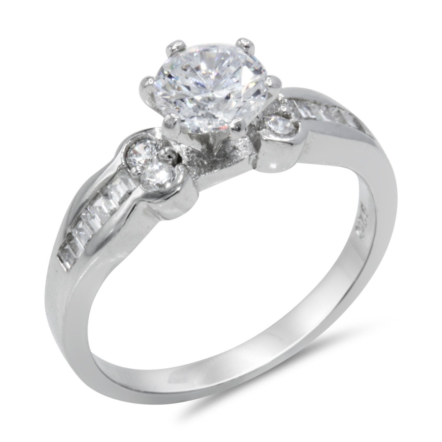 CZ 5mm Center Stone Sterling Silver Plated Crossover Halo Wedding Bridal Set, Engagement Ring
