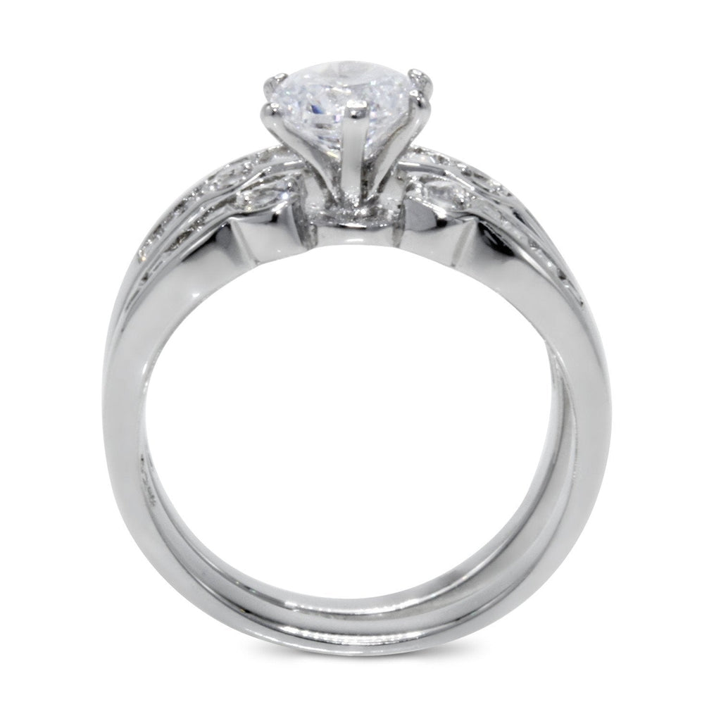 CZ 5mm Center Stone Sterling Silver Plated Crossover Halo Wedding Bridal Set, Engagement Ring