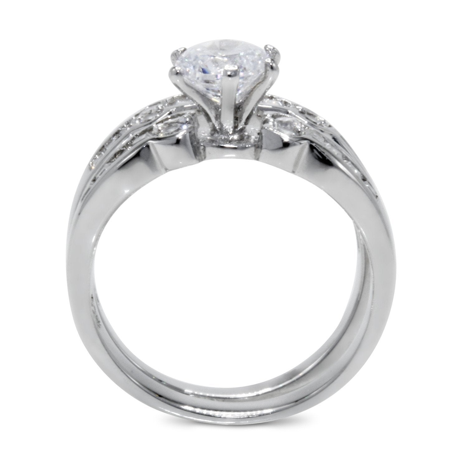 CZ 5mm Center Stone Sterling Silver Plated Crossover Halo Wedding Bridal Set, Engagement Ring