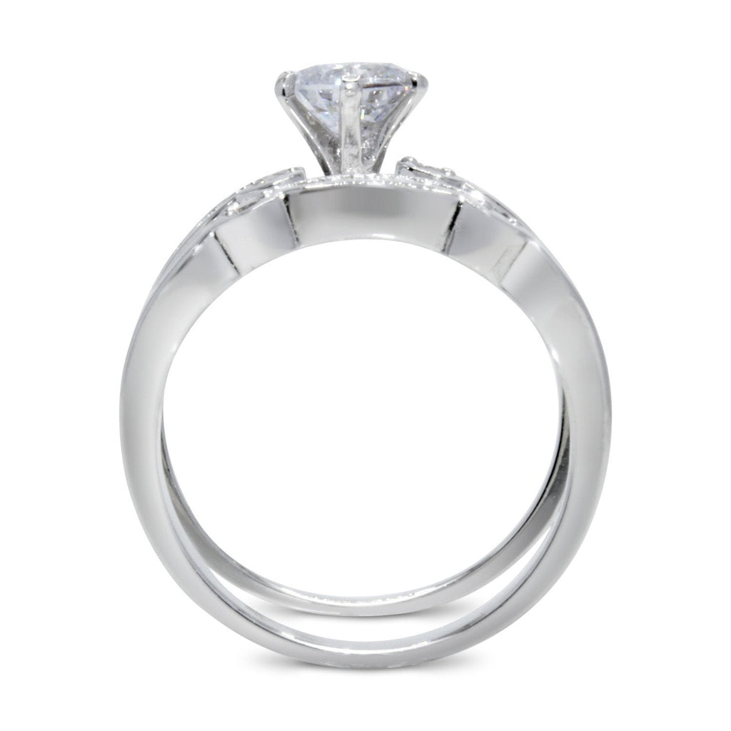 CZ 5mm Center Stone Sterling Silver Plated Crossover Halo Wedding Bridal Set, Engagement Ring