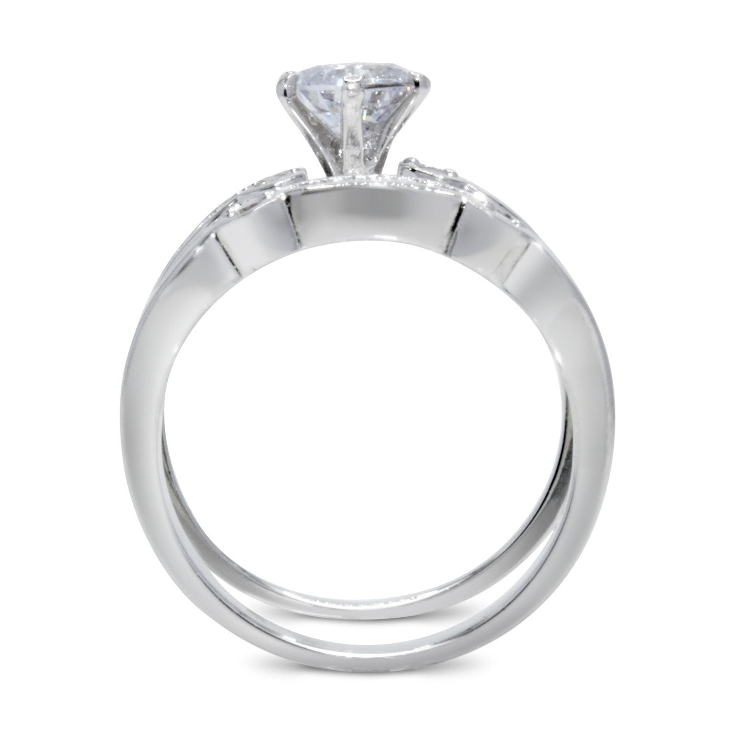 CZ 5mm Center Stone Sterling Silver Plated Crossover Halo Wedding Bridal Set, Engagement Ring