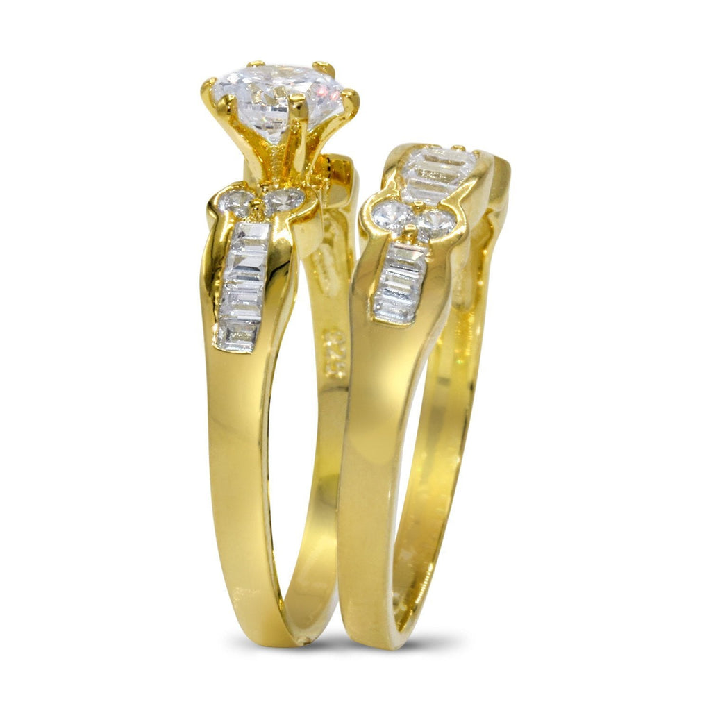CZ 5mm Sterling Silver Gold Plated Crossover Halo Wedding Bridal Set, Engagement Ring