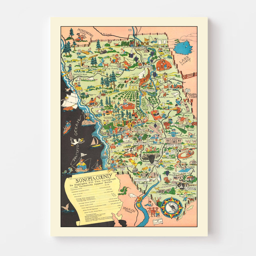 Vintage Map of Sonoma County, California 1951