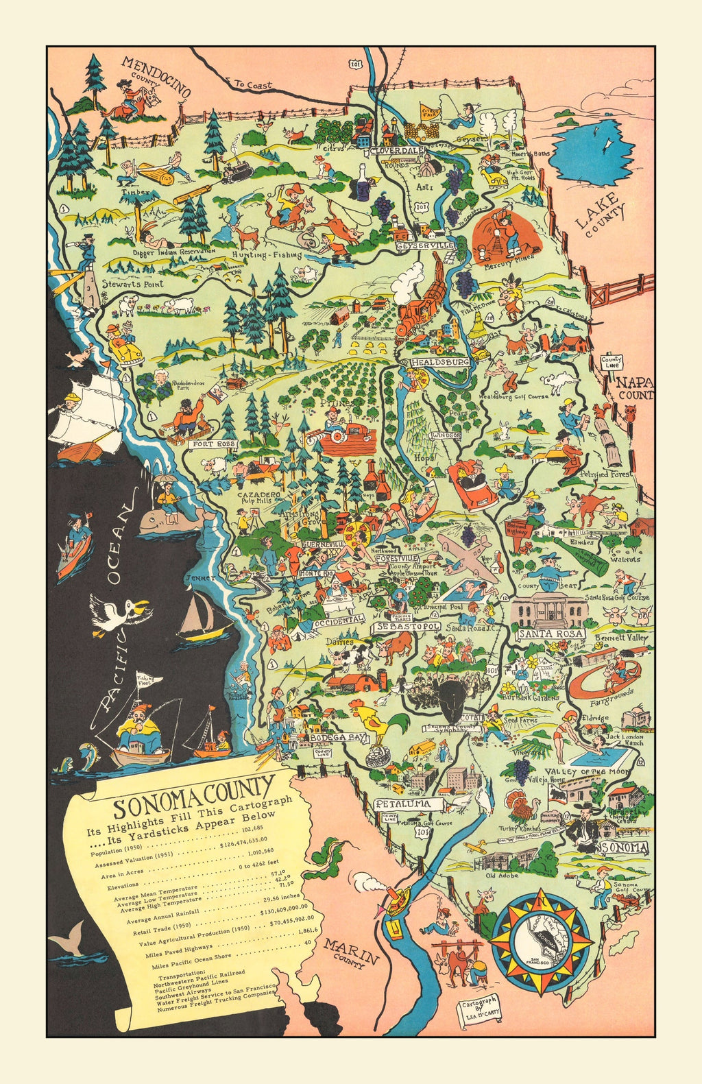 Vintage Map of Sonoma County, California 1951