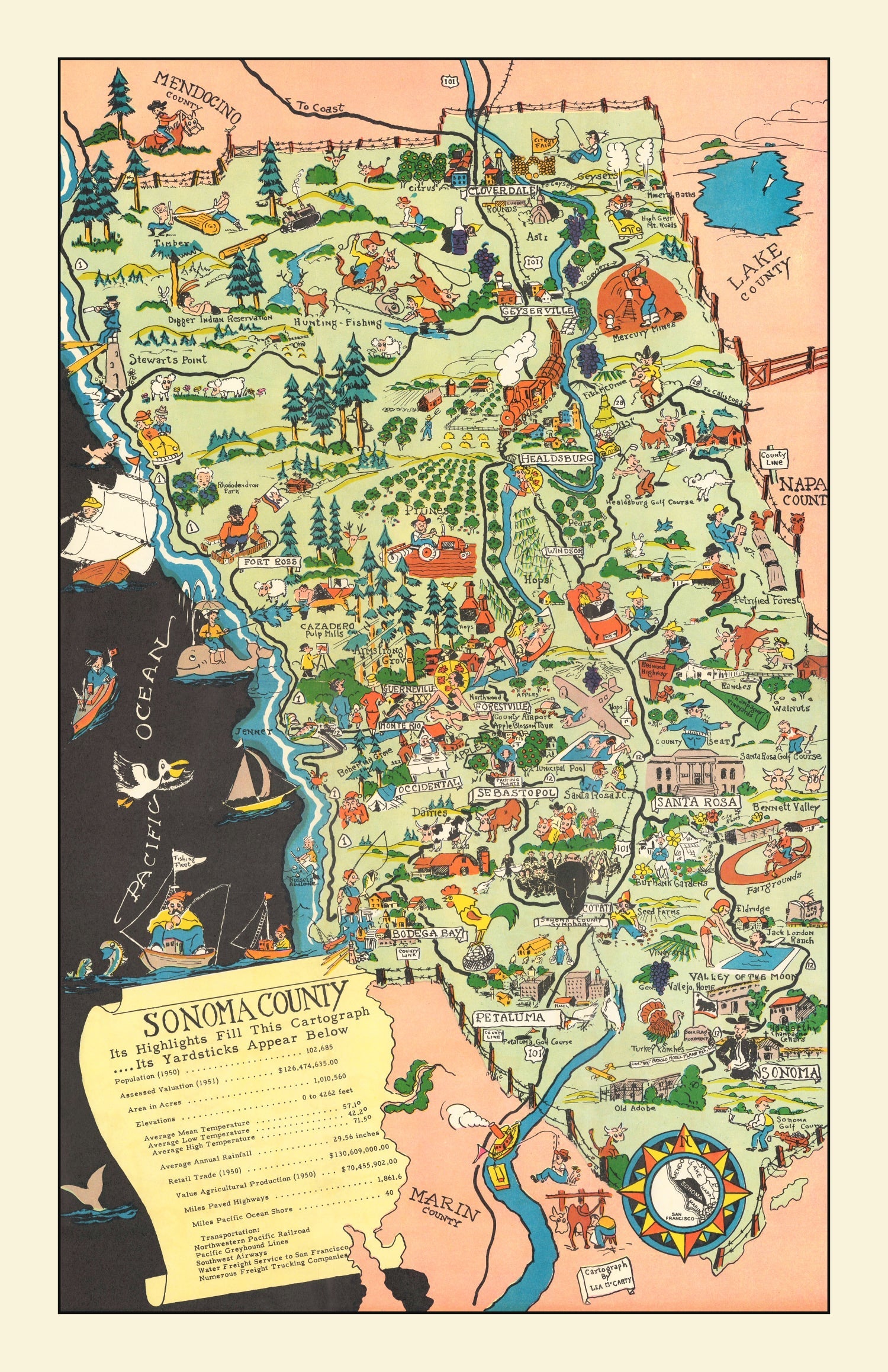 Vintage Map of Sonoma County, California 1951