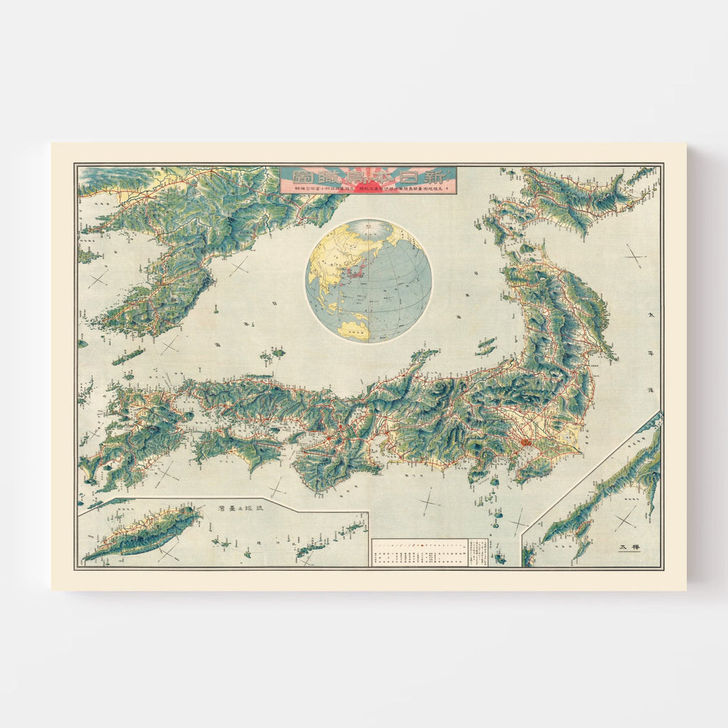 Vintage Birds Eye View Railroad Map of Japan 1920