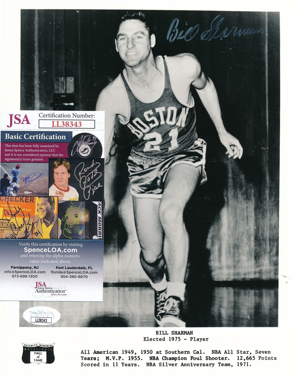 Bill Sharman HOF Boston Celtics Signed/Autographed 8x10 B/W Photo JSA 157340