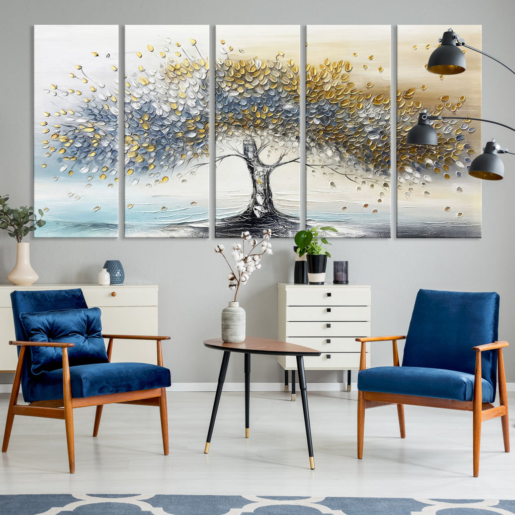 Silver Tree Wall Art | Framed Golden Leaves Canvas Artwork